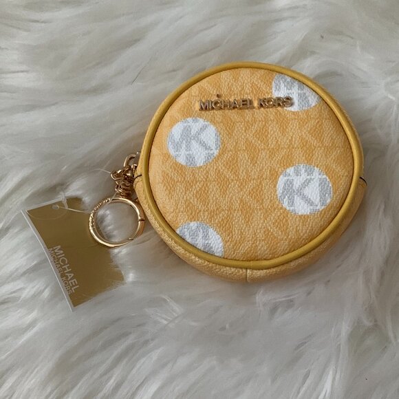 MICHAEL KORS Signature Polka Dot Small Circle Coin Pouch  in Daisy Yellow - Picture 1 of 3